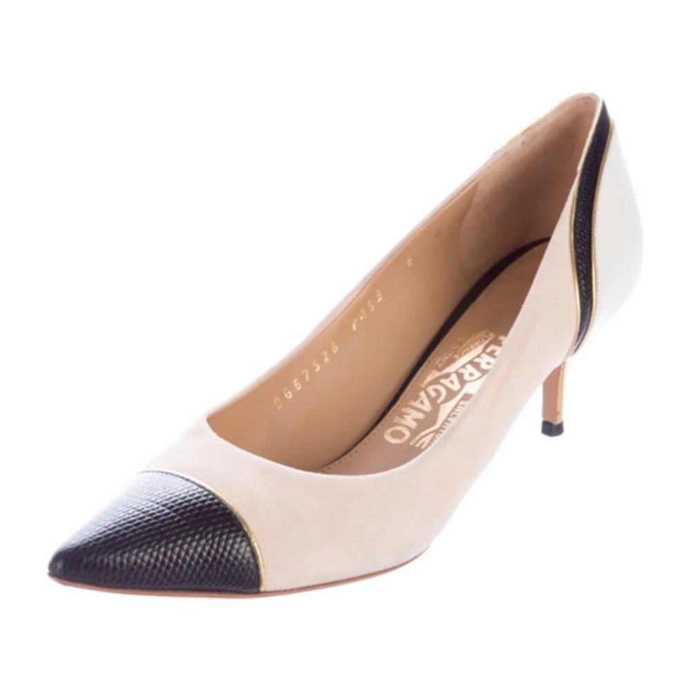 Salvatore Ferragamo Cap-Toe Suede Kitten Pumps with Dust Bag